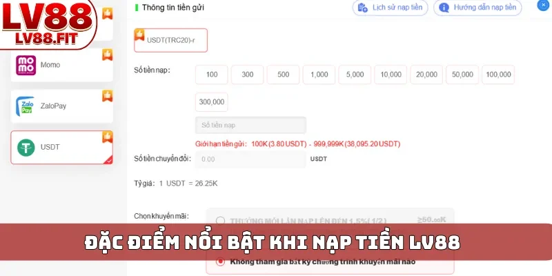 Đặc điểm nổi bật khi nạp tiền LV88